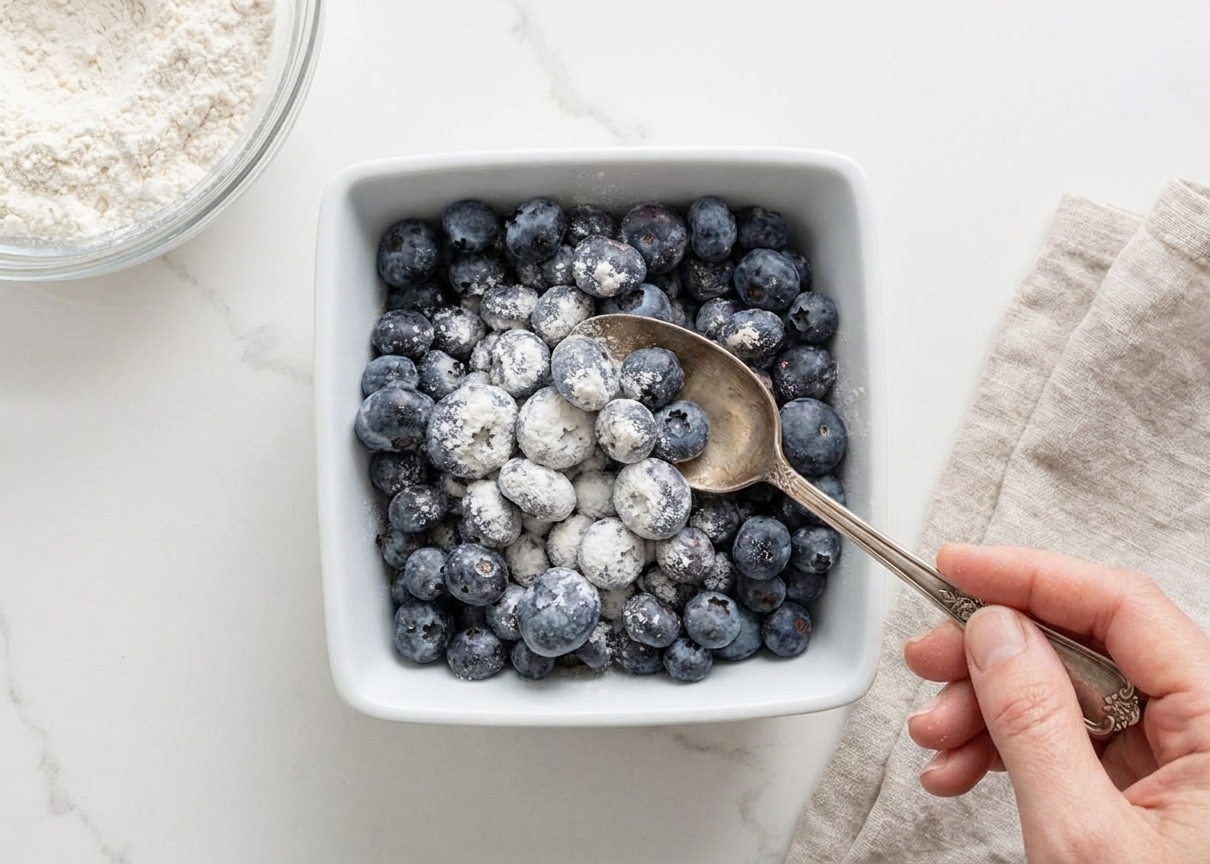 Blueberries in a bowl being tossed with a light coating of flour using a spoon
