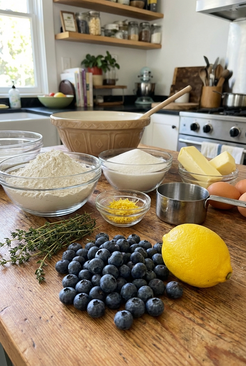 Blueberries, lemon, and fresh thyme arranged on a kitchen counter next to measured baking ingredients