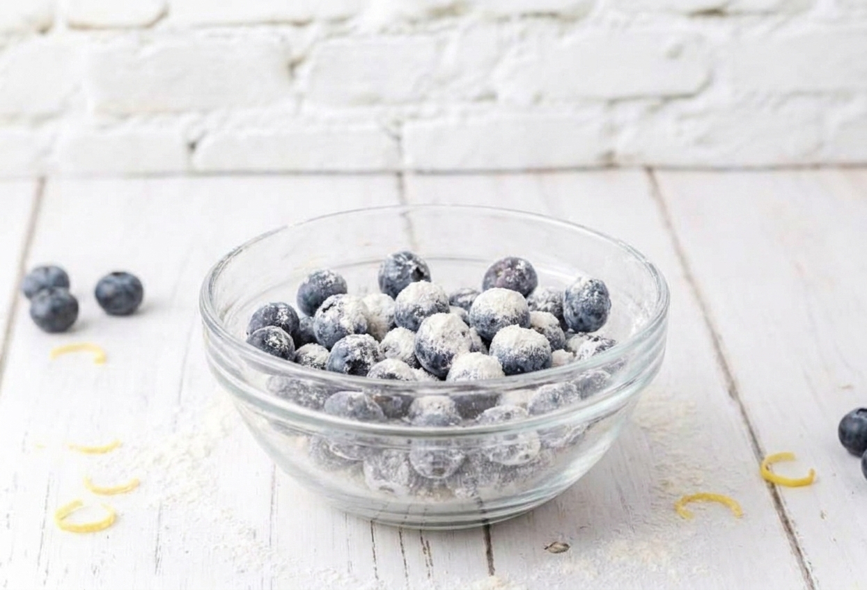 Blueberries lightly coated in flour in a small bowl on a kitchen counter, ready to be folded into batter