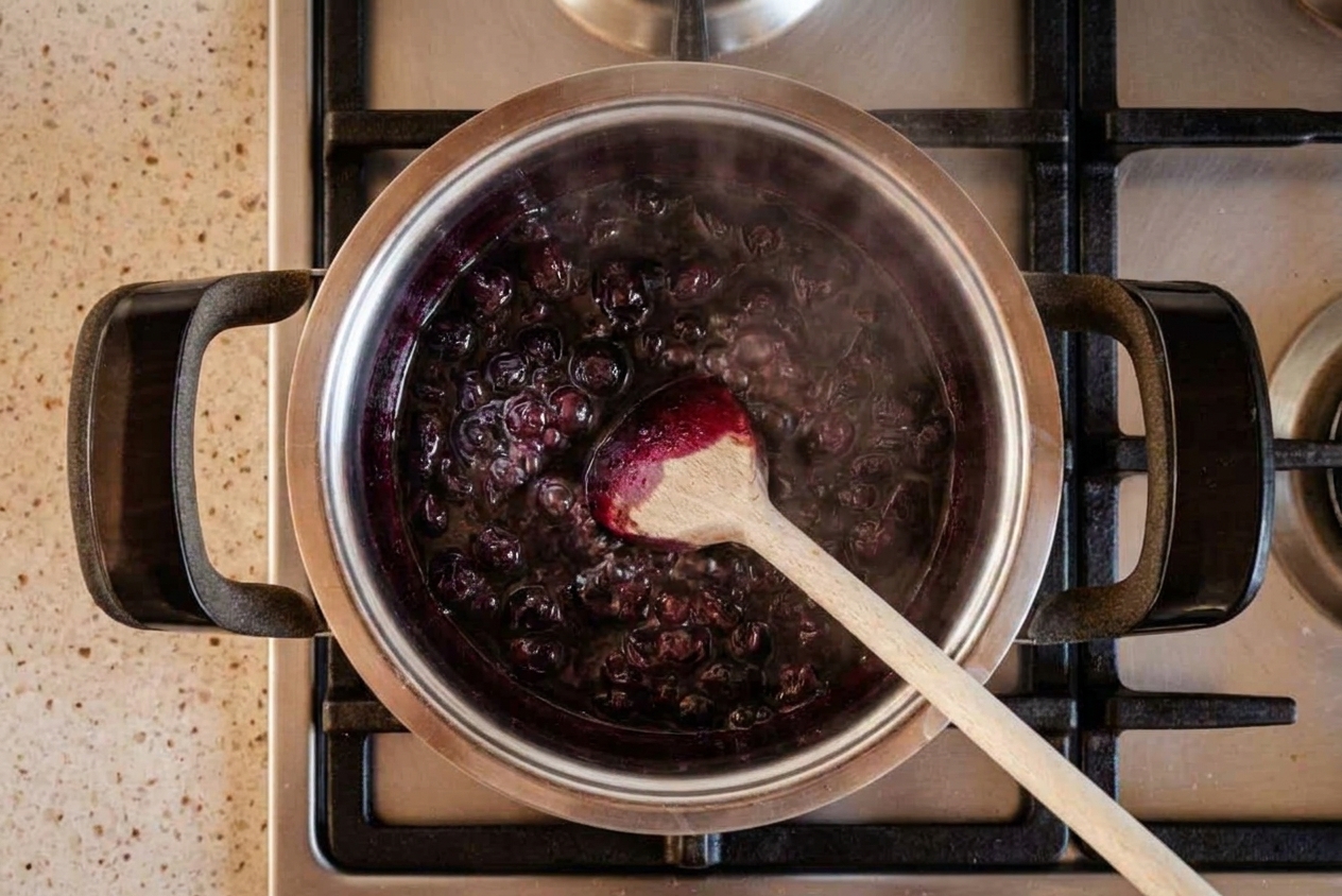 Blueberries simmering in a saucepan with purple juices bubbling gently on the stovetop