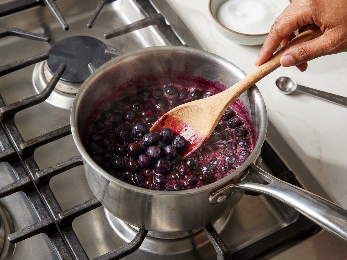 Blueberries simmering in a small saucepan on a stove with a wooden spoon stirring as the juices turn deep purple