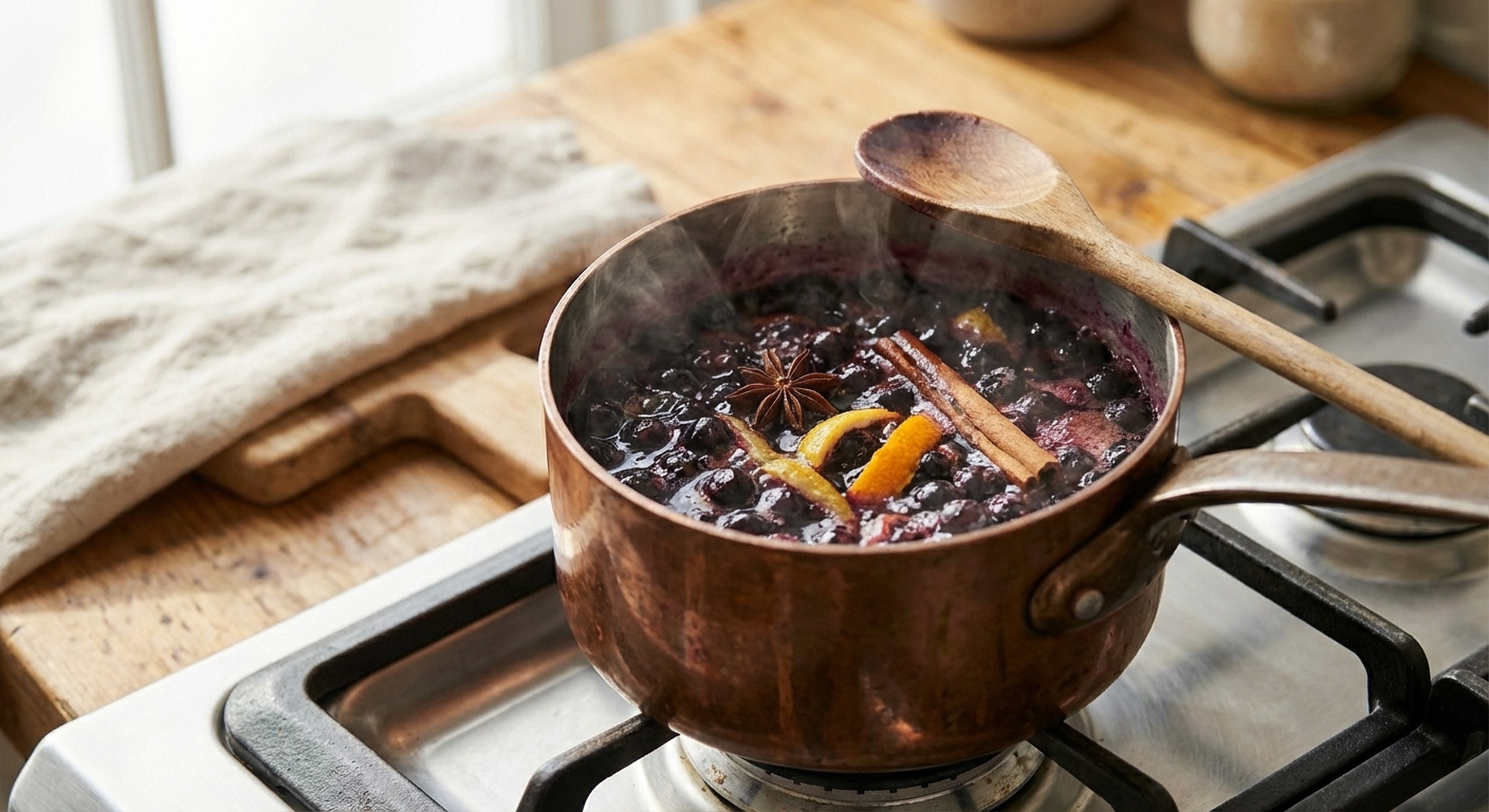 Blueberries simmering in a small saucepan with spices and citrus peel