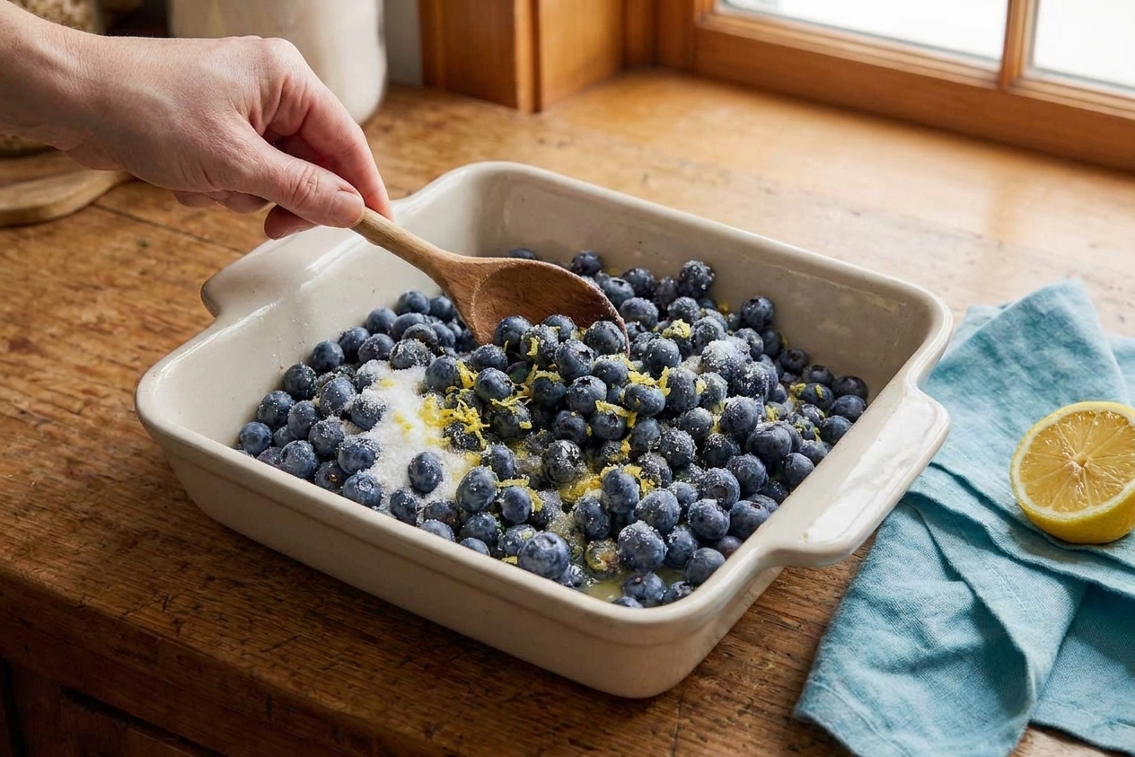 Blueberries tossed with sugar and lemon in a square baking dish before baking on a light-colored kitchen counter