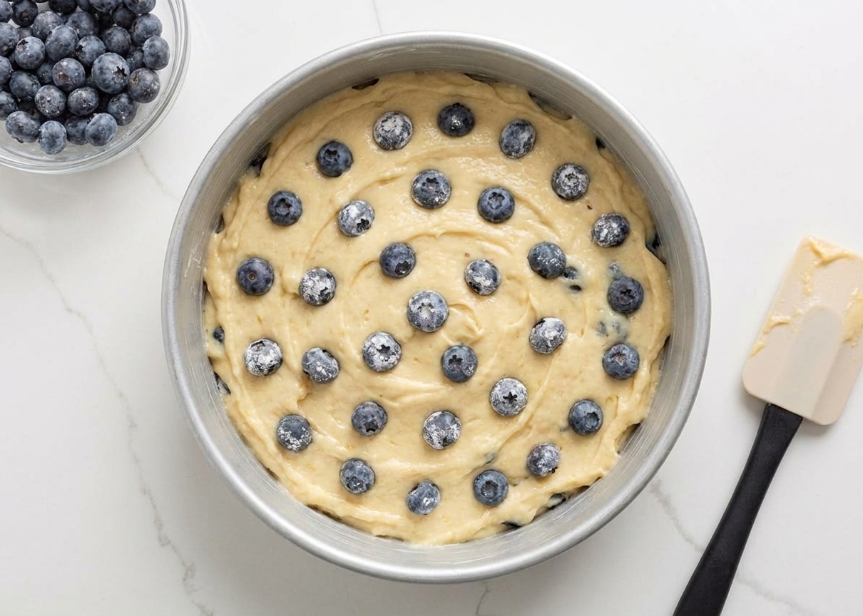 Blueberry cake batter spread evenly in a round cake pan with a few blueberries visible on top