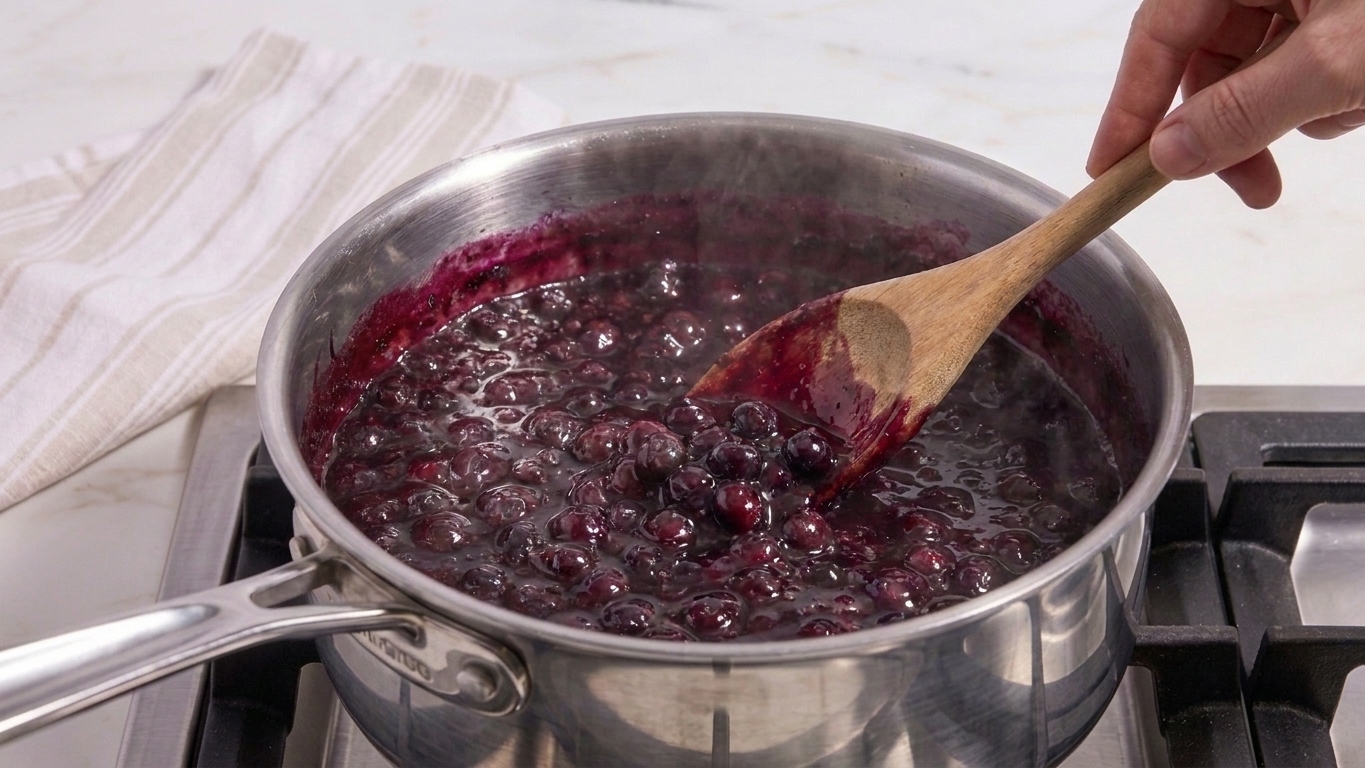 Blueberry pie filling bubbling in a saucepan, visibly thick and glossy as it is stirred
