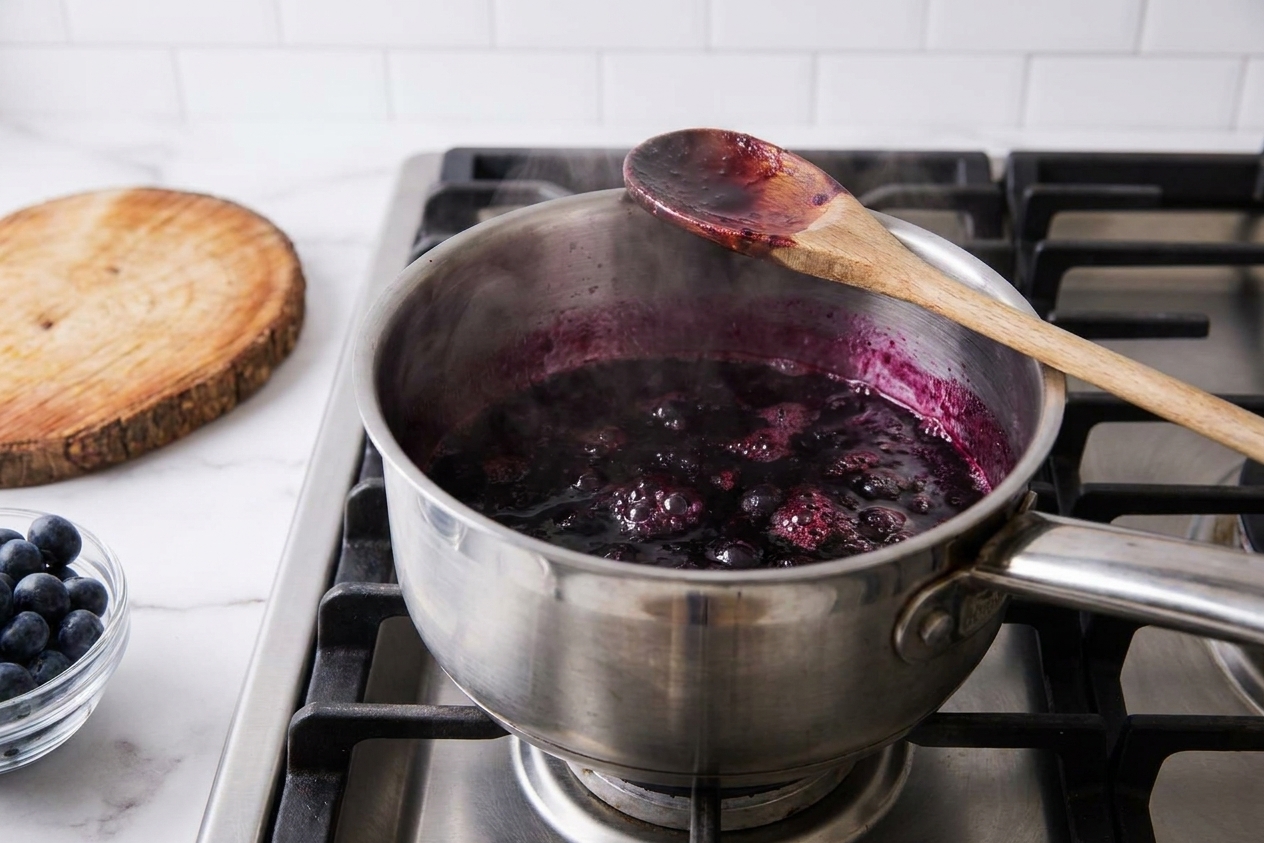 Blueberry syrup bubbling gently in a saucepan on a stovetop with a wooden spoon resting on the rim