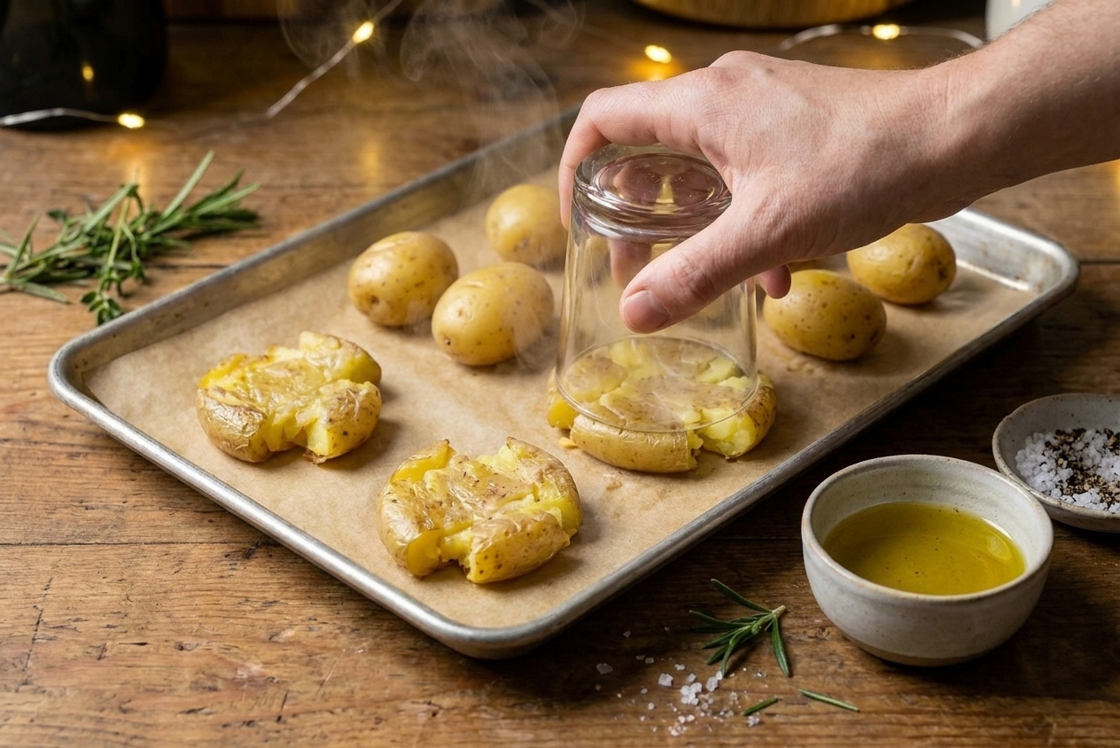 Boiled baby potatoes being smashed on a parchment-lined sheet pan with the bottom of a glass, with olive oil and seasonings nearby on a neutral counter
