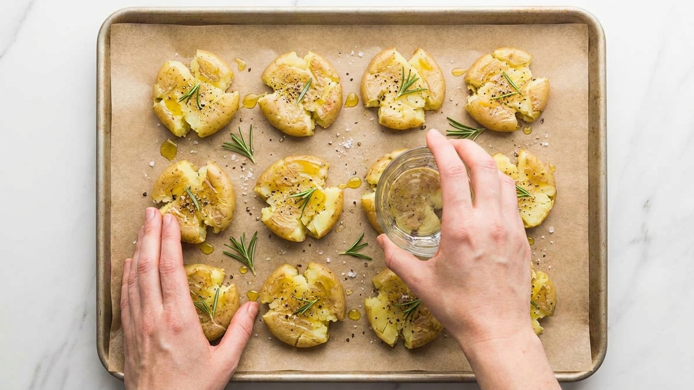Boiled baby potatoes smashed flat on a parchment-lined sheet pan, showing cracked edges ready for roasting