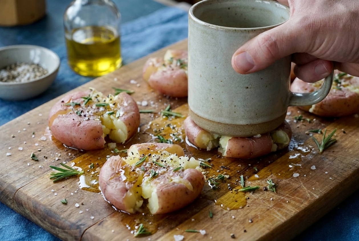 Boiled baby potatoes smashed with the bottom of a mug on a cutting board, drizzled with olive oil and sprinkled with seasonings under warm kitchen lighting