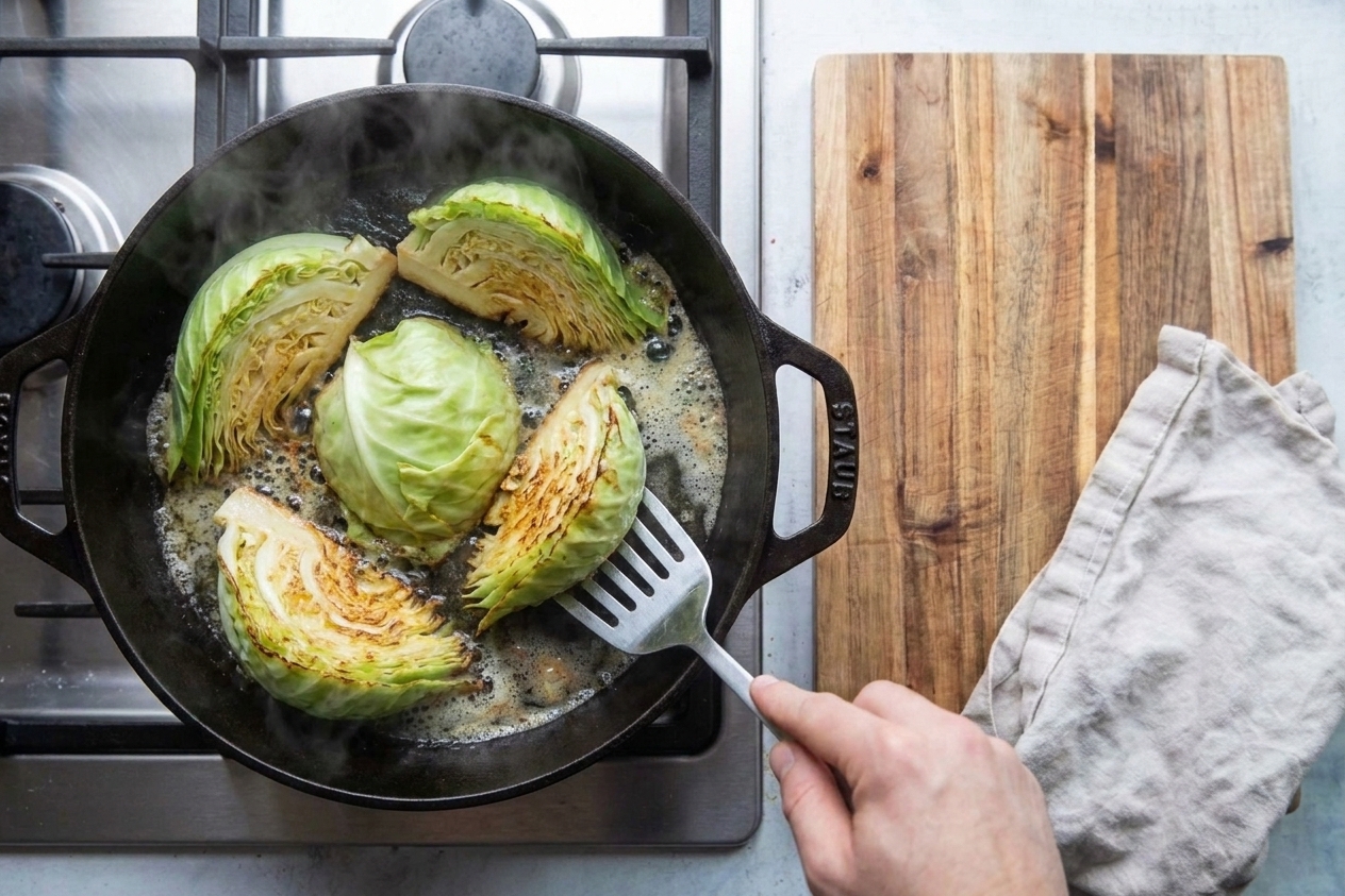 Boiled cabbage wedges sizzling in melted butter in a skillet on a stovetop, with small golden edges forming