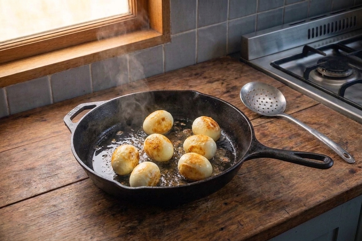 Boiled eggs lightly blistering in a skillet with a small amount of oil on a home stovetop