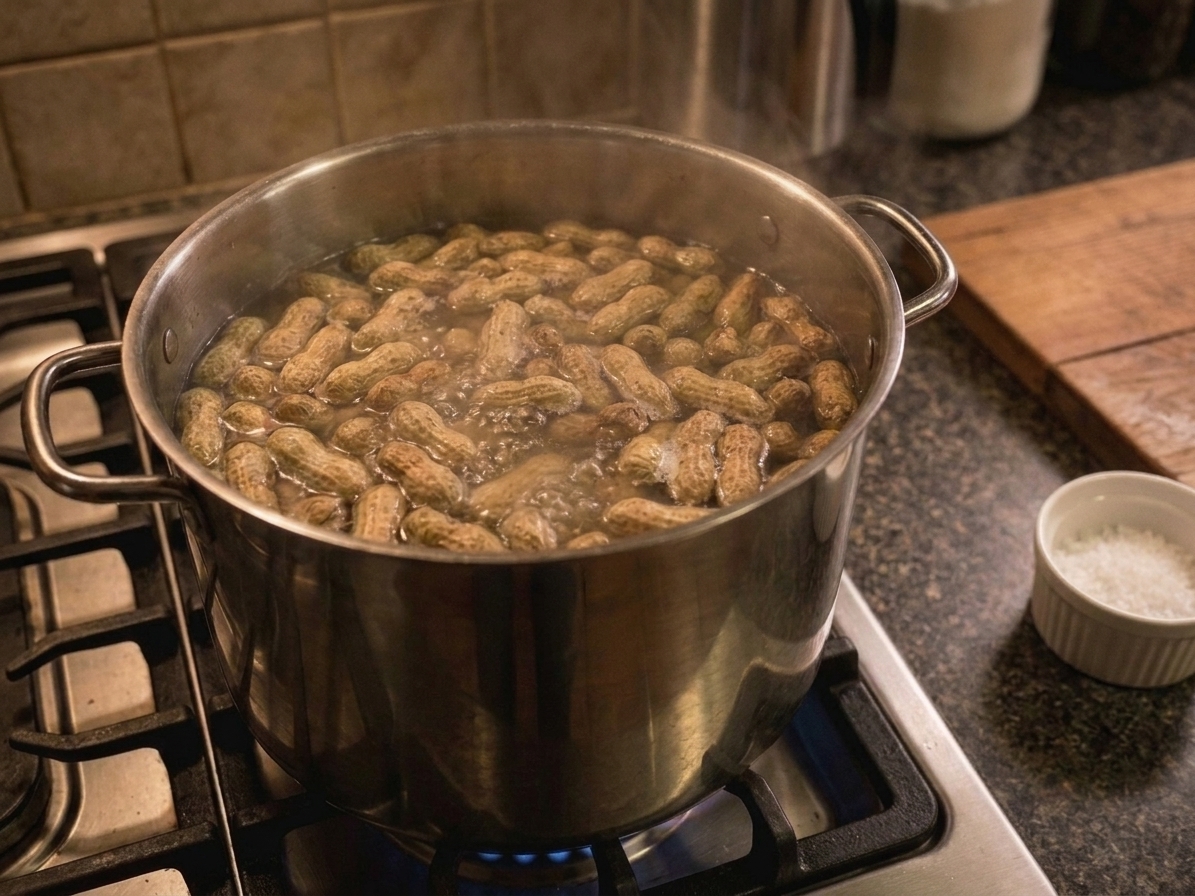 Boiled peanuts simmering in a stockpot with light steam rising, the surface showing peanuts bobbing in salty brine