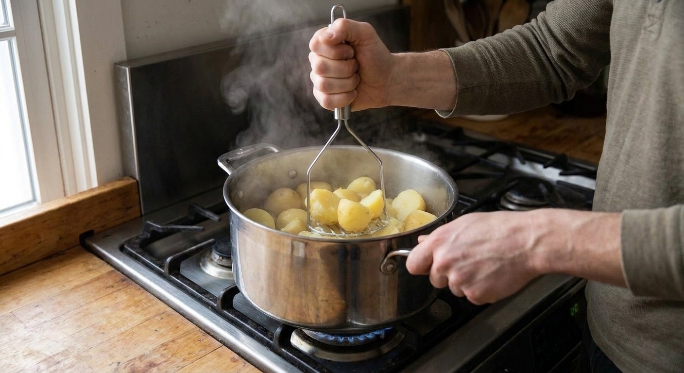 Boiled potatoes being mashed with a potato masher in a pot on the stovetop