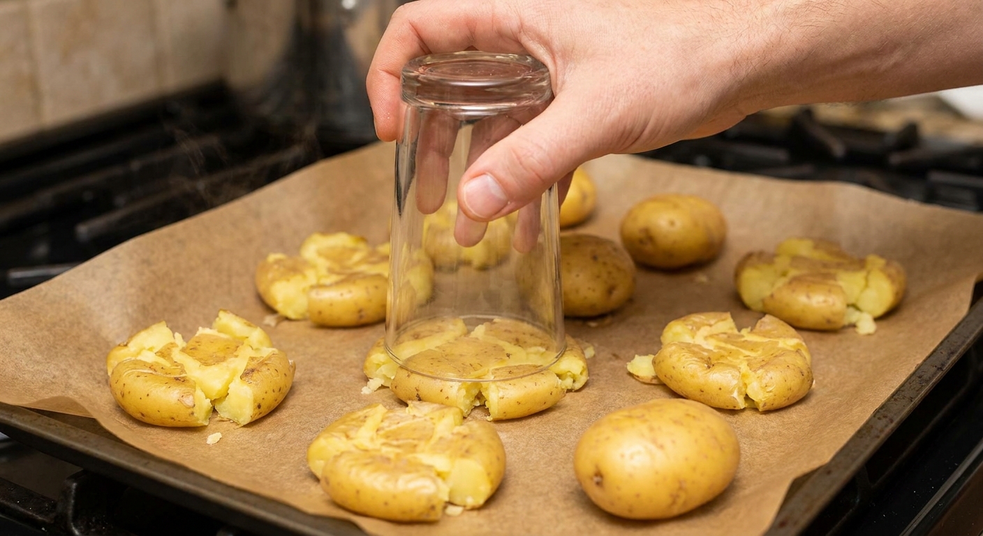 Boiled small Yukon gold potatoes being gently smashed with the bottom of a glass on a parchment lined sheet pan, close-up real kitchen photo