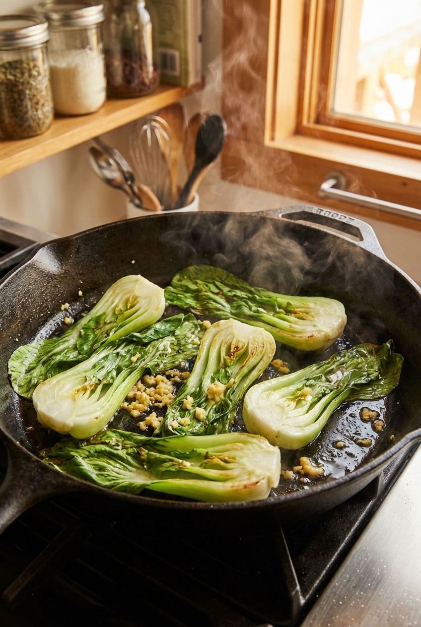 Bok choy halves and chopped ginger cooking in a shallow skillet with light steam rising