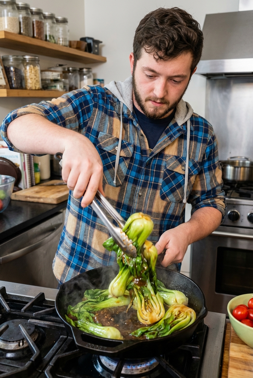 Bok choy in a hot skillet being tossed with a glossy tangy sweet sauce using tongs