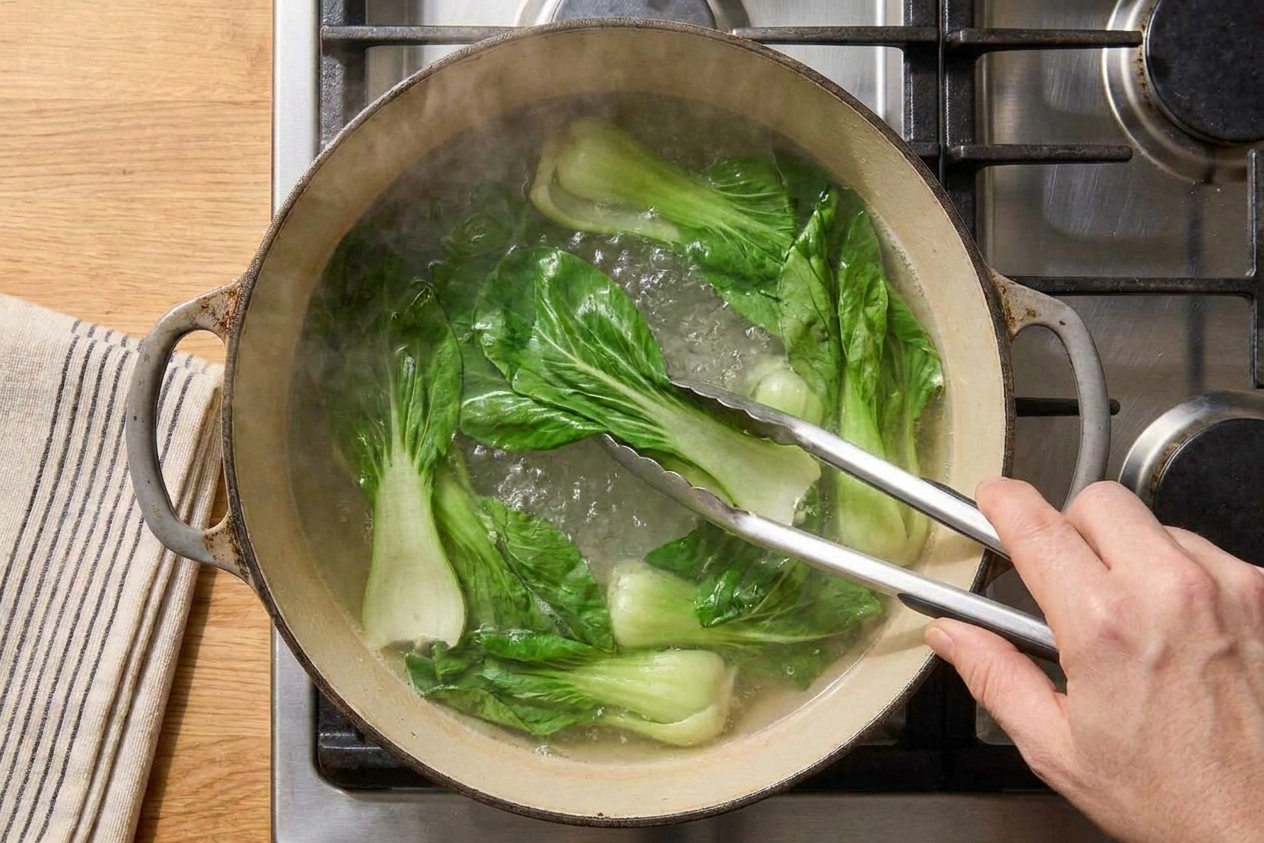 Bok choy leaves being blanched in a pot of boiling water using tongs on a home stove