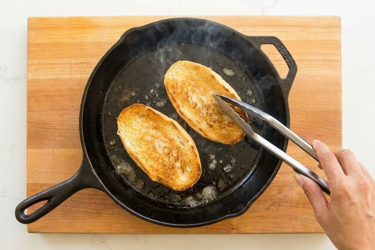 Bolillo roll halves toasting cut-side down in a skillet until golden brown