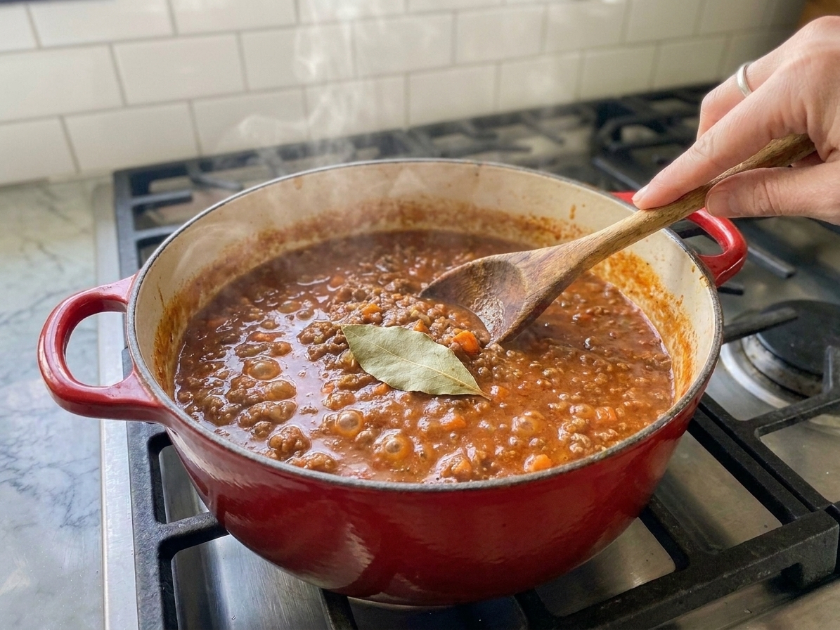 Bolognese sauce gently simmering in a Dutch oven with a bay leaf visible on the surface