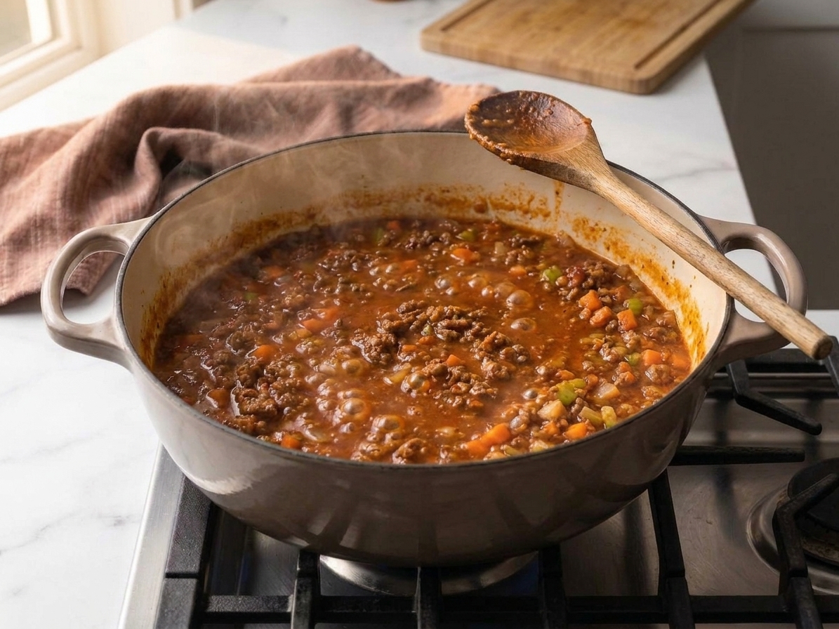 Bolognese sauce gently simmering in a Dutch oven with small bubbles and a wooden spoon resting on the rim