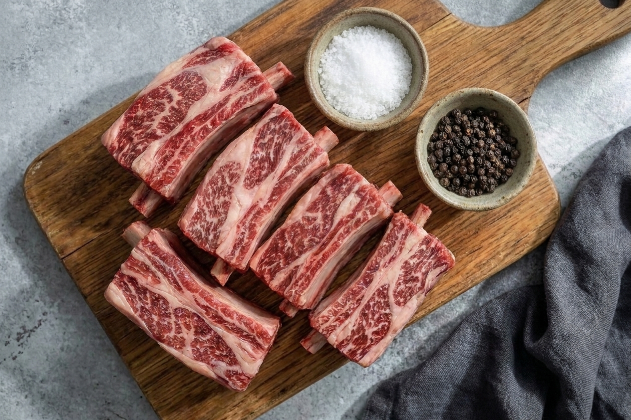 Bone-in beef short ribs arranged on a wooden cutting board with salt and pepper nearby