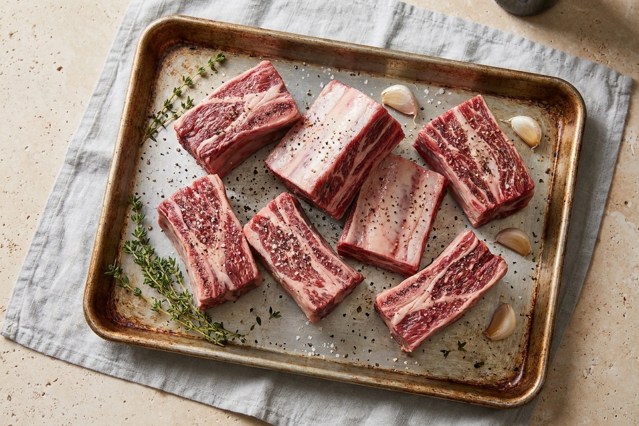 Bone-in beef short ribs seasoned with salt and pepper on a rimmed baking sheet