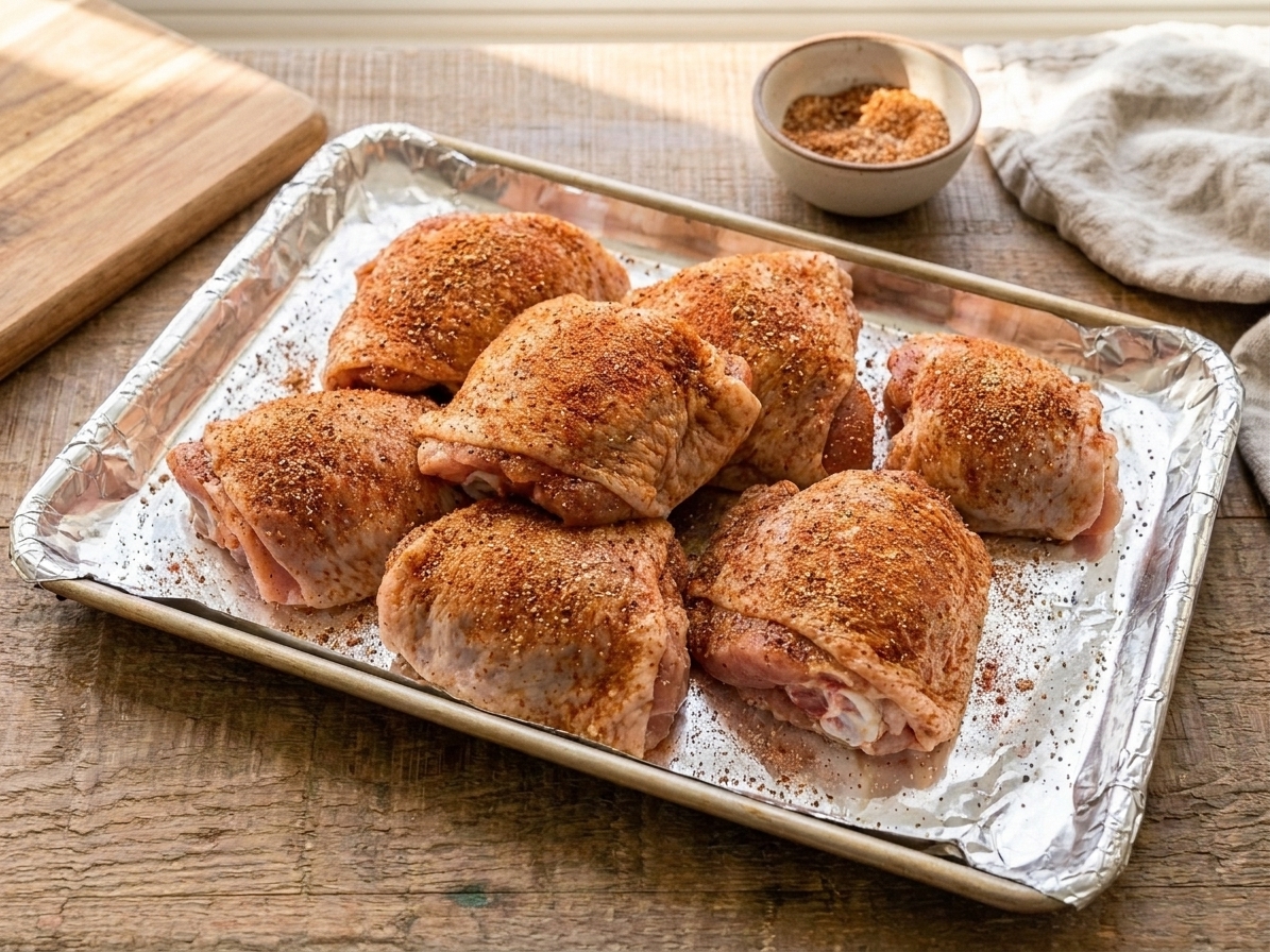 Bone-in chicken thighs seasoned with paprika and spices on a foil-lined sheet pan on a kitchen counter