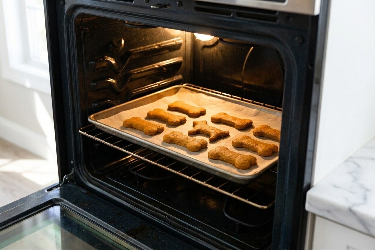 Bone-shaped dog cookies baking on a parchment-lined sheet pan in a home oven with warm light