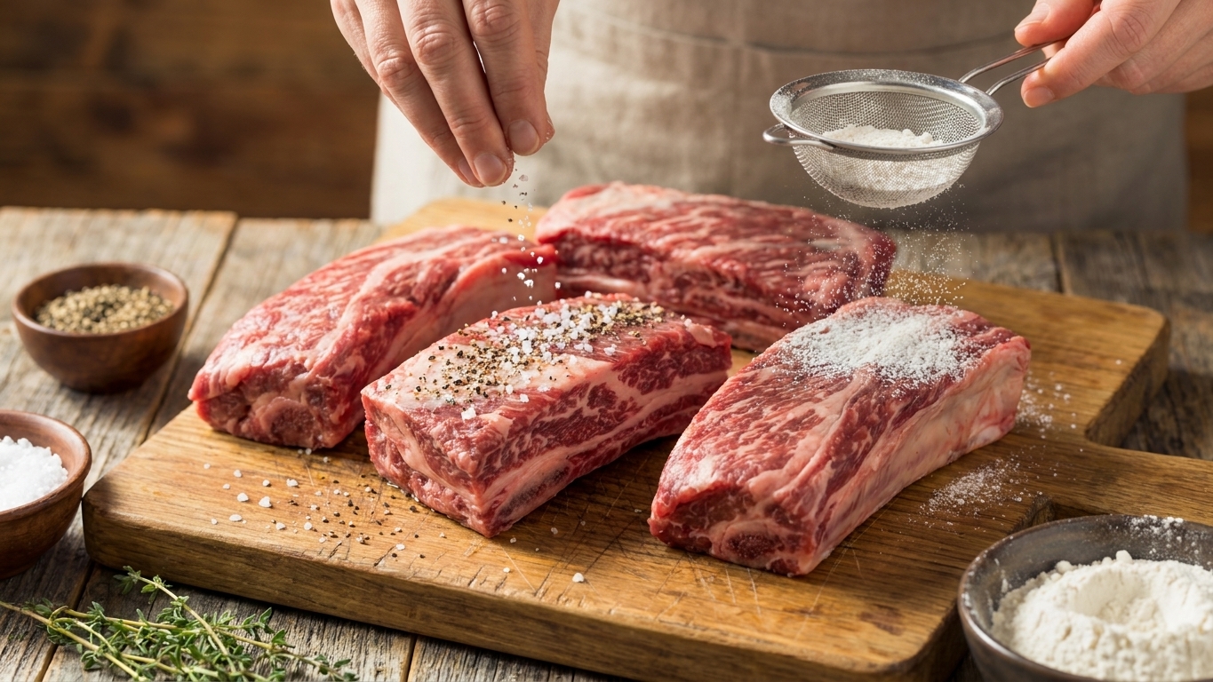 Boneless beef short ribs on a cutting board being seasoned with salt and pepper and lightly dusted with flour