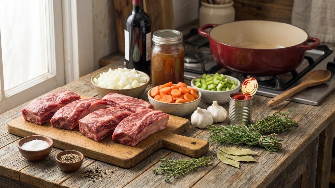 Boneless beef short ribs, onions, carrots, celery, garlic, tomato paste, red wine, beef broth, and fresh herbs arranged on a kitchen counter