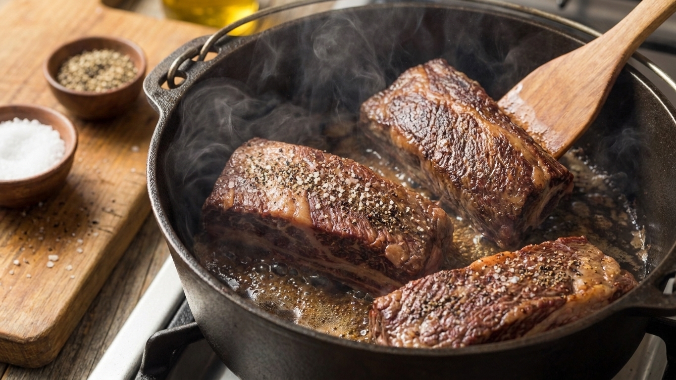 Boneless beef short ribs sizzling in a Dutch oven with a deep brown crust forming on the surface