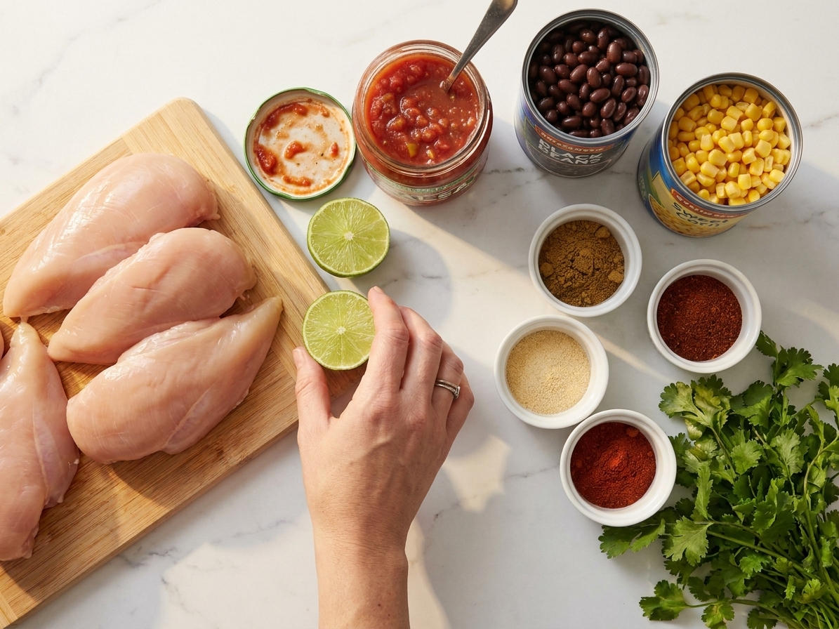 Boneless chicken breasts, a jar of salsa, canned black beans, corn, lime, spices, and cilantro arranged on a clean kitchen counter with warm natural light
