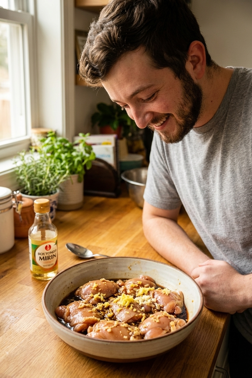 Boneless chicken thigh pieces sitting in a bowl with soy sauce, grated ginger, minced garlic, and a splash of mirin, ready to marinate on a kitchen counter, real food photography