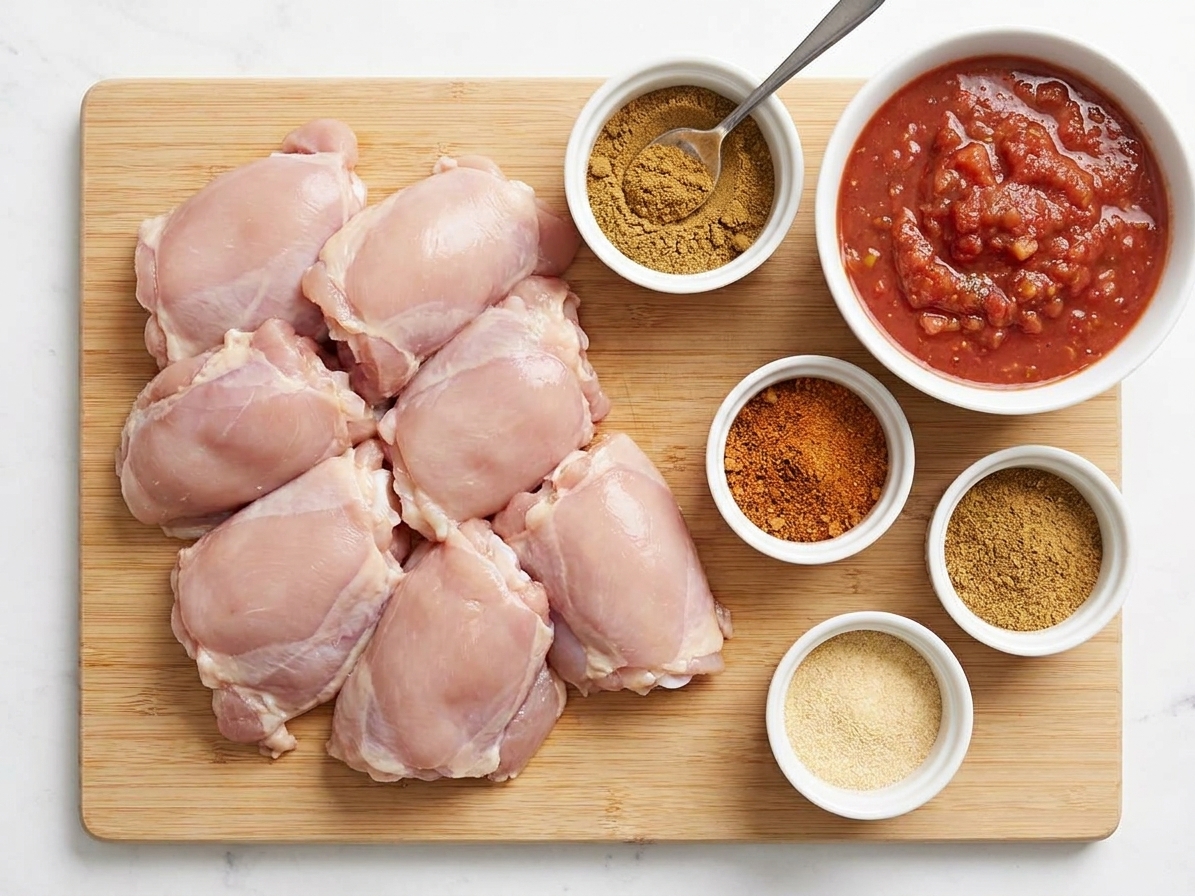 Boneless chicken thighs beside a bowl of red salsa and small dishes of cumin, taco seasoning, and garlic powder on a bright kitchen counter