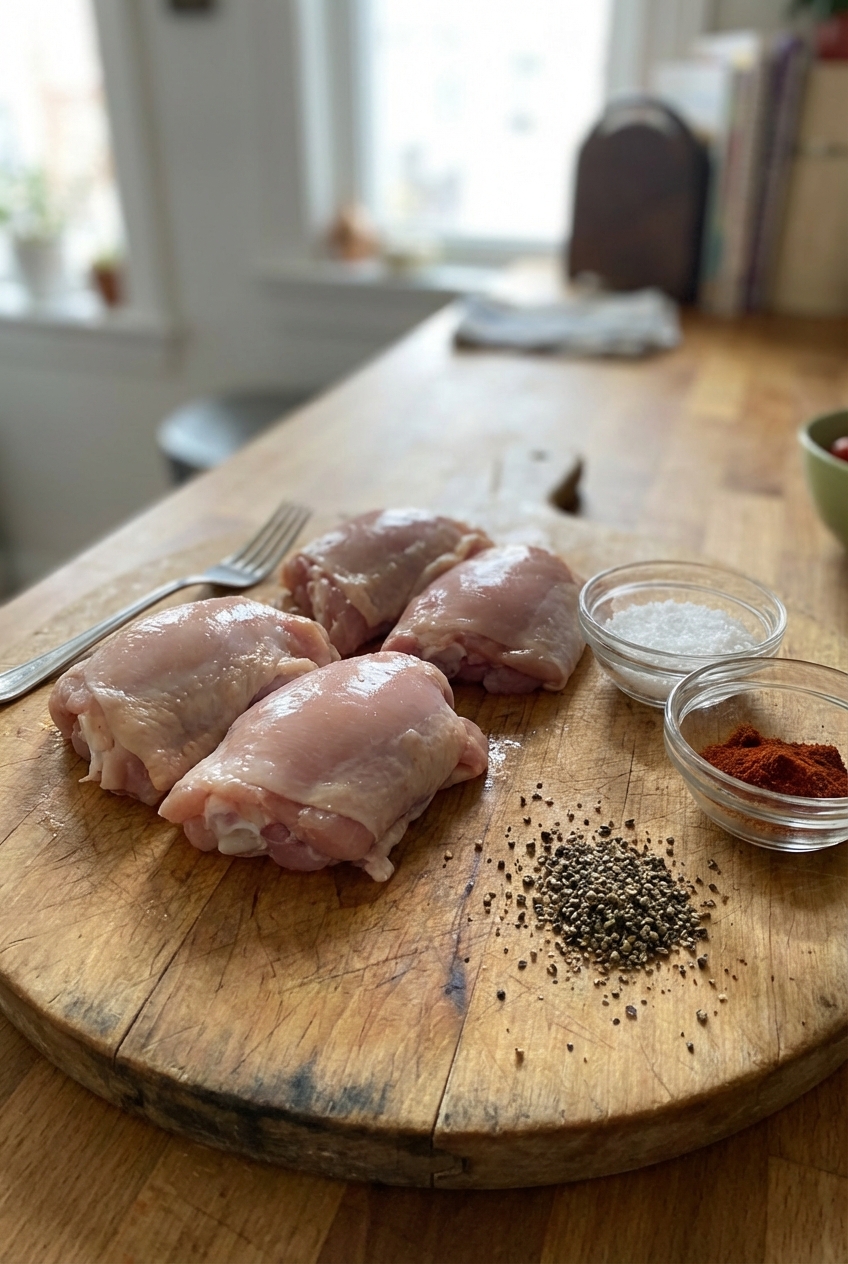 Boneless chicken thighs resting on a cutting board with salt, pepper, and paprika ready to season