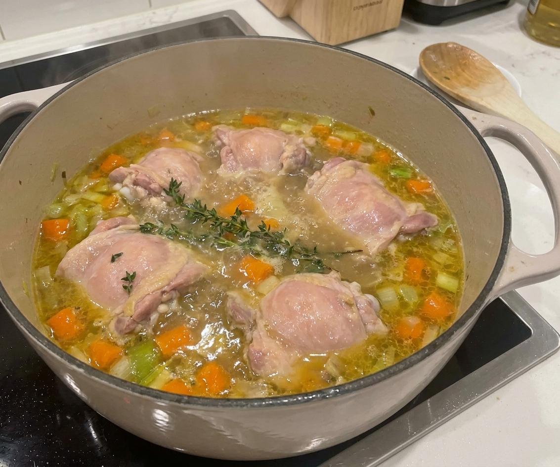 Boneless chicken thighs simmering in a pot of broth with vegetables visible beneath the surface