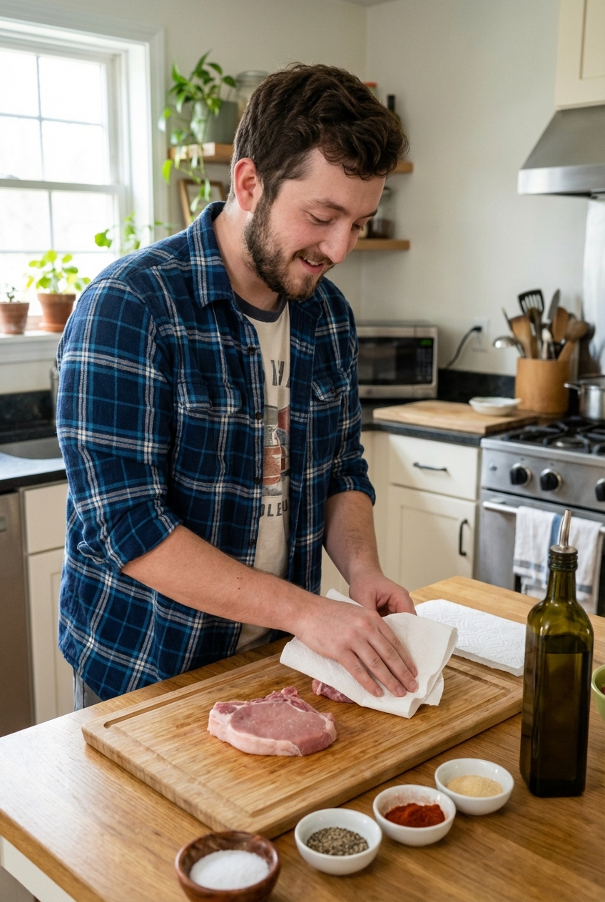 Boneless pork chop being patted dry on a cutting board with paper towels and seasonings nearby
