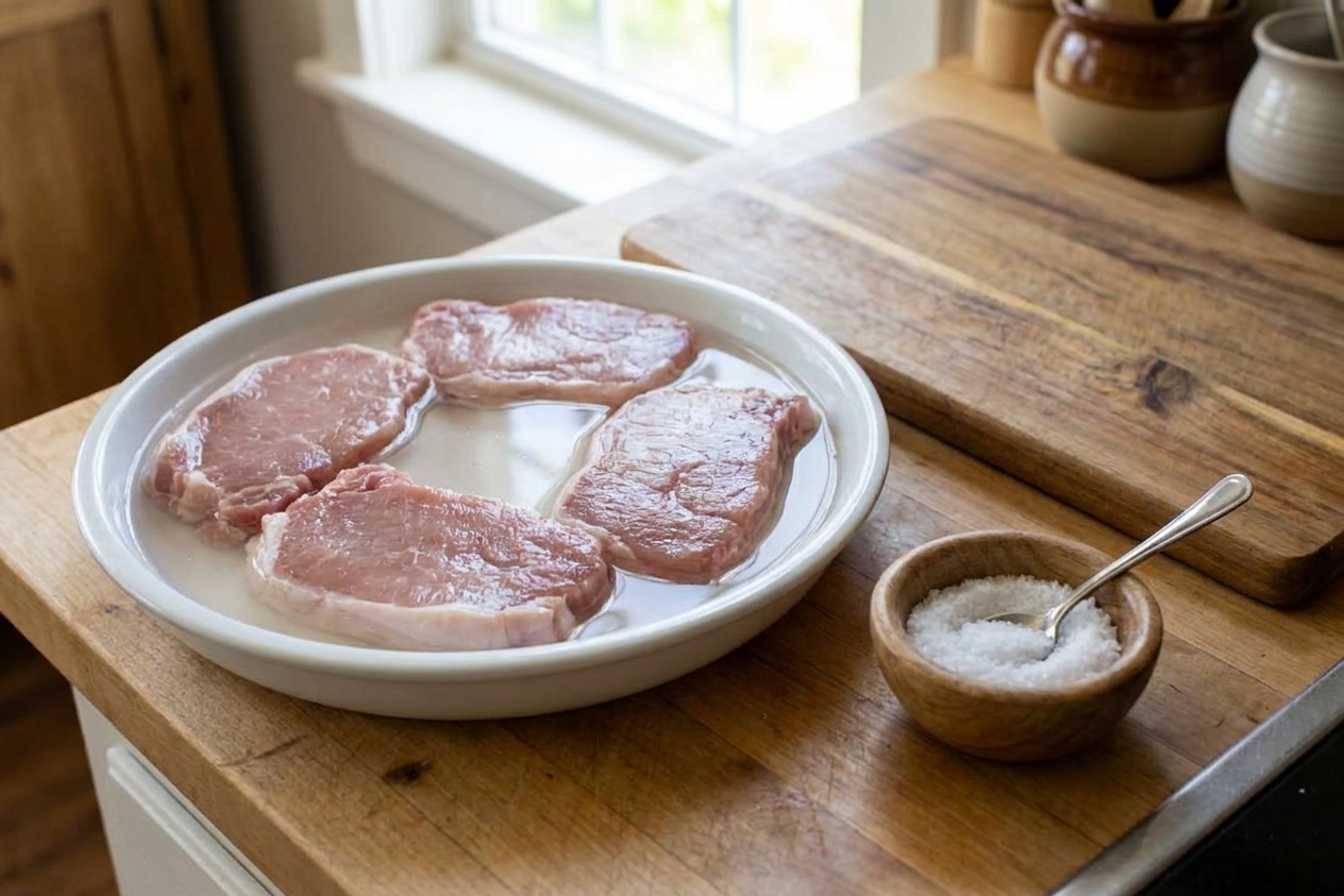Boneless pork loin chops resting in a shallow dish of clear brine on a kitchen counter beside a small bowl of salt and a spoon