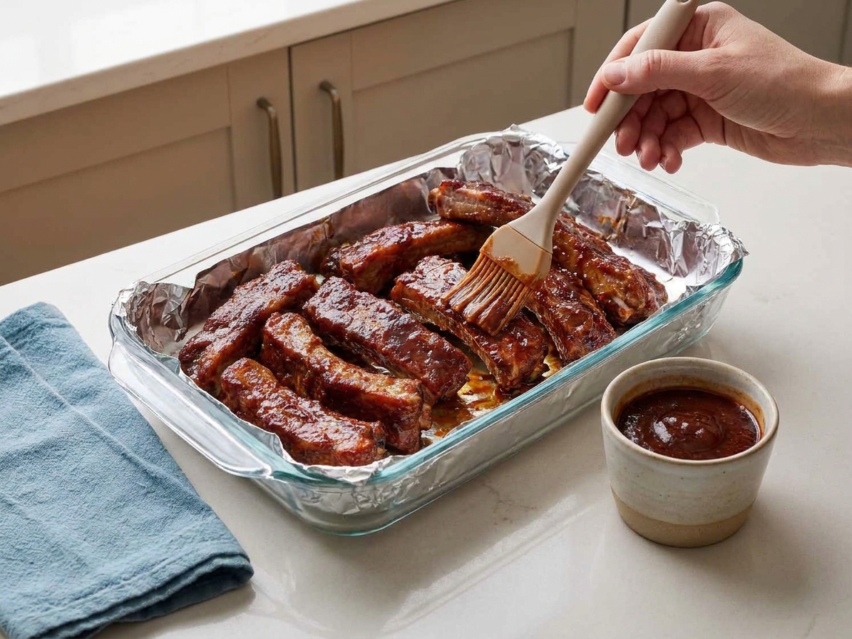 Boneless pork ribs in a foil-lined baking dish being brushed with BBQ sauce on a kitchen counter, ready to go back into the oven