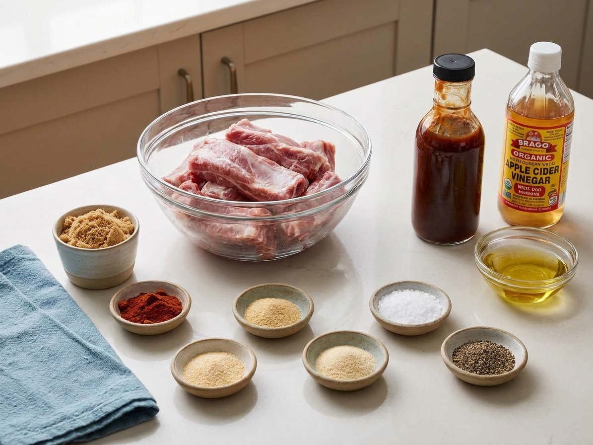 Boneless pork ribs ingredients on a kitchen counter including pork, brown sugar, paprika, garlic powder, onion powder, salt, pepper, BBQ sauce, apple cider vinegar, and a small bowl of oil