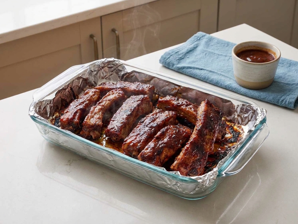 Boneless pork ribs just out of the oven with bubbling caramelized BBQ glaze and darkened edges in a baking dish