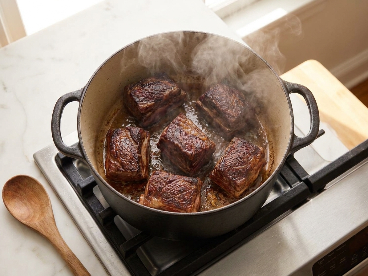 Boneless short ribs browning in a Dutch oven with crisp caramelized edges, steam rising in a warm home kitchen