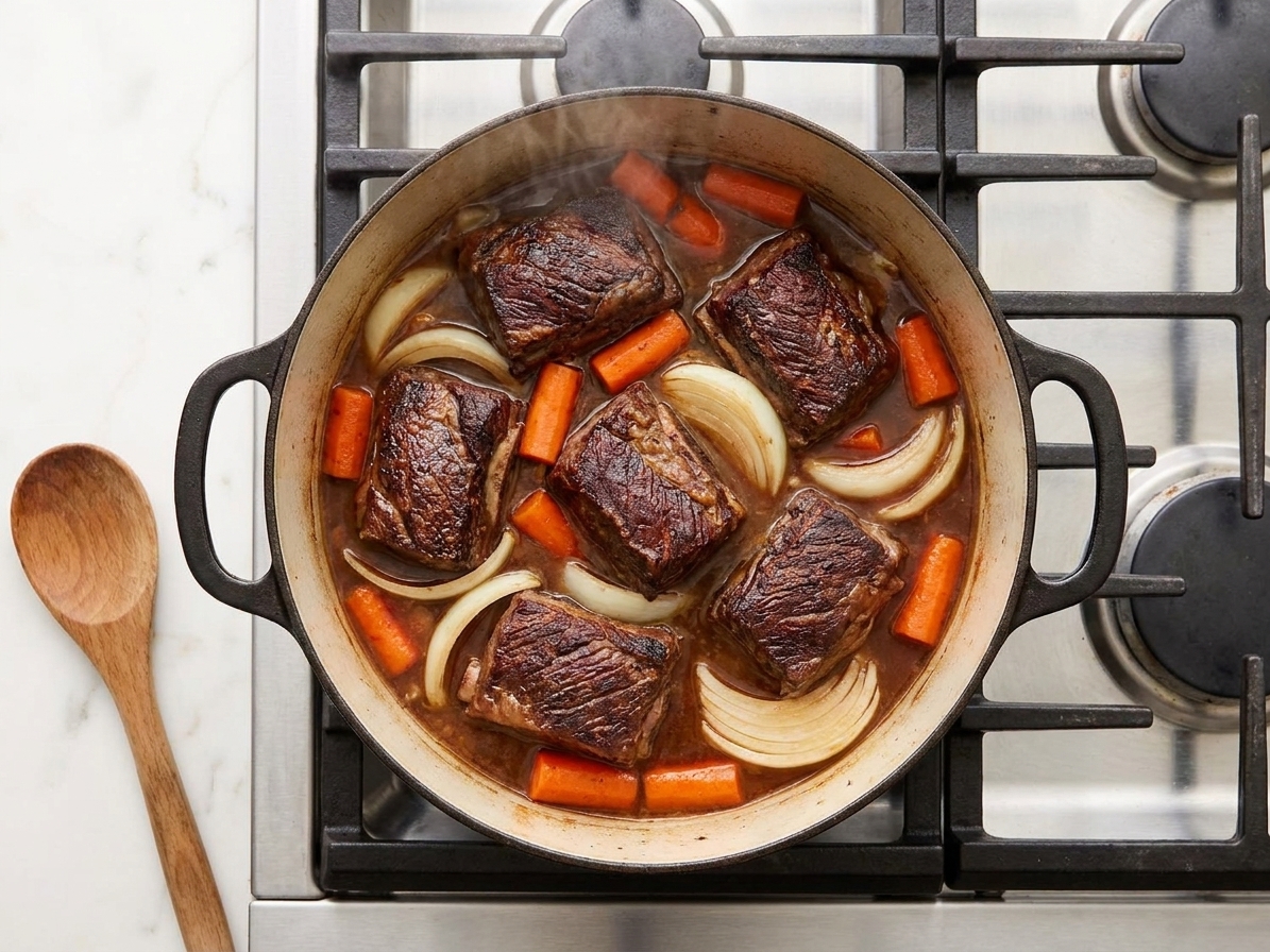 Boneless short ribs seared and nestled into a Dutch oven with carrots and onions, with braising liquid partially covering the meat on a stovetop