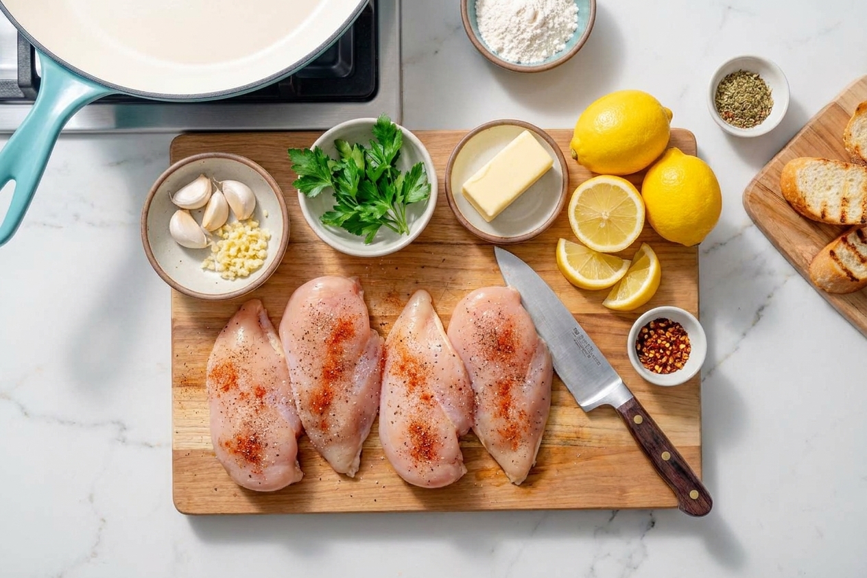 Boneless skinless chicken breasts, lemons, garlic, butter, parsley, and spices arranged on a clean kitchen counter with small prep bowls and a cutting board