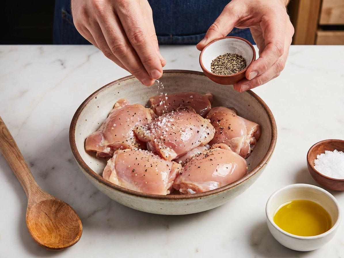 Boneless skinless chicken thigh pieces in a bowl being seasoned with salt and pepper on a kitchen counter