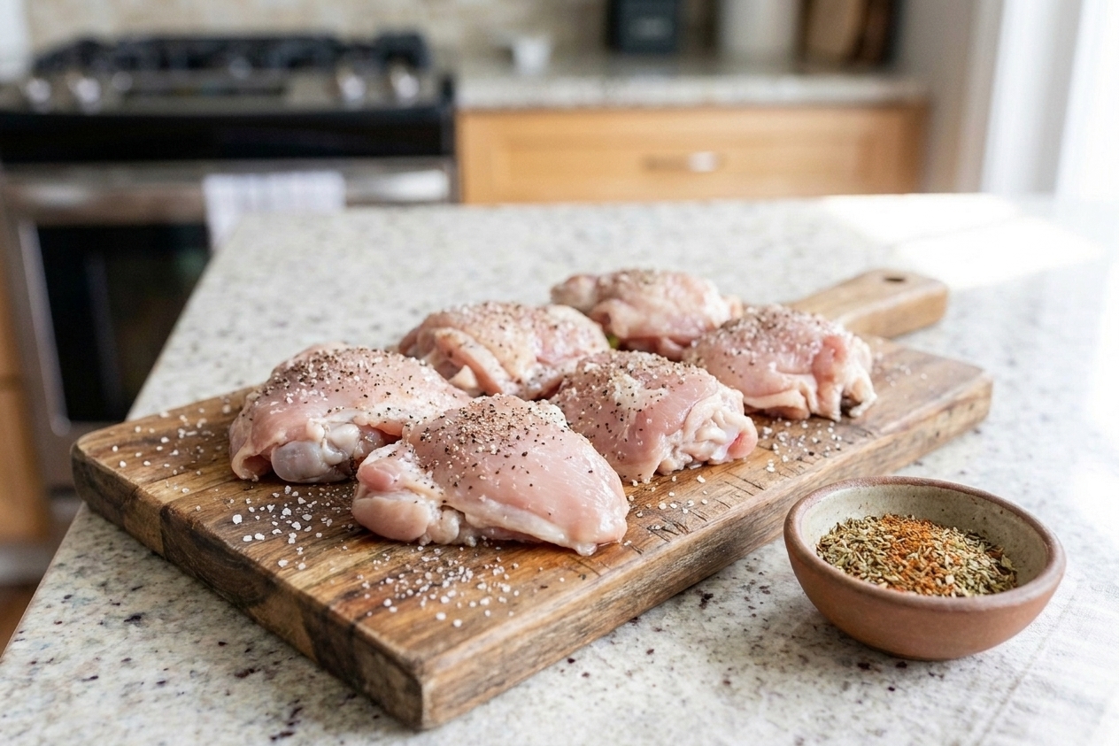 Boneless skinless chicken thighs on a wooden cutting board with kosher salt, pepper, and a small bowl of seasonings nearby