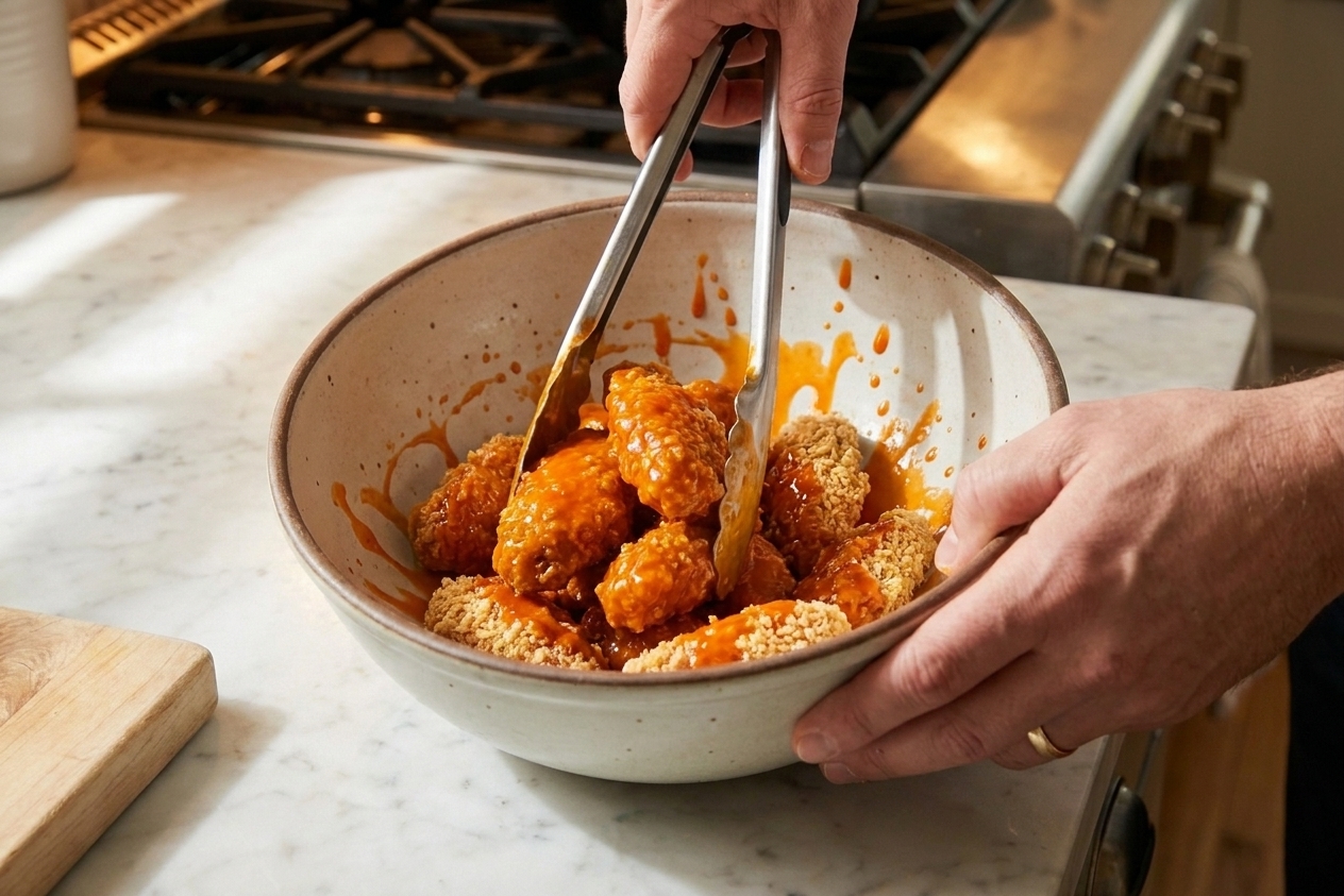 Boneless wings being tossed in a large bowl with bright orange buffalo sauce using metal tongs