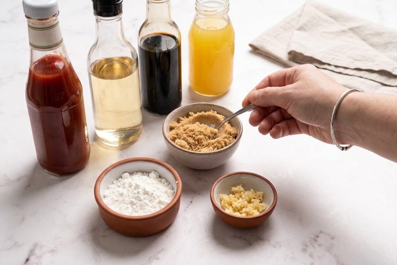 Bottles and bowls of ketchup, rice vinegar, soy sauce, brown sugar, pineapple juice, garlic, and cornstarch arranged on a clean kitchen counter