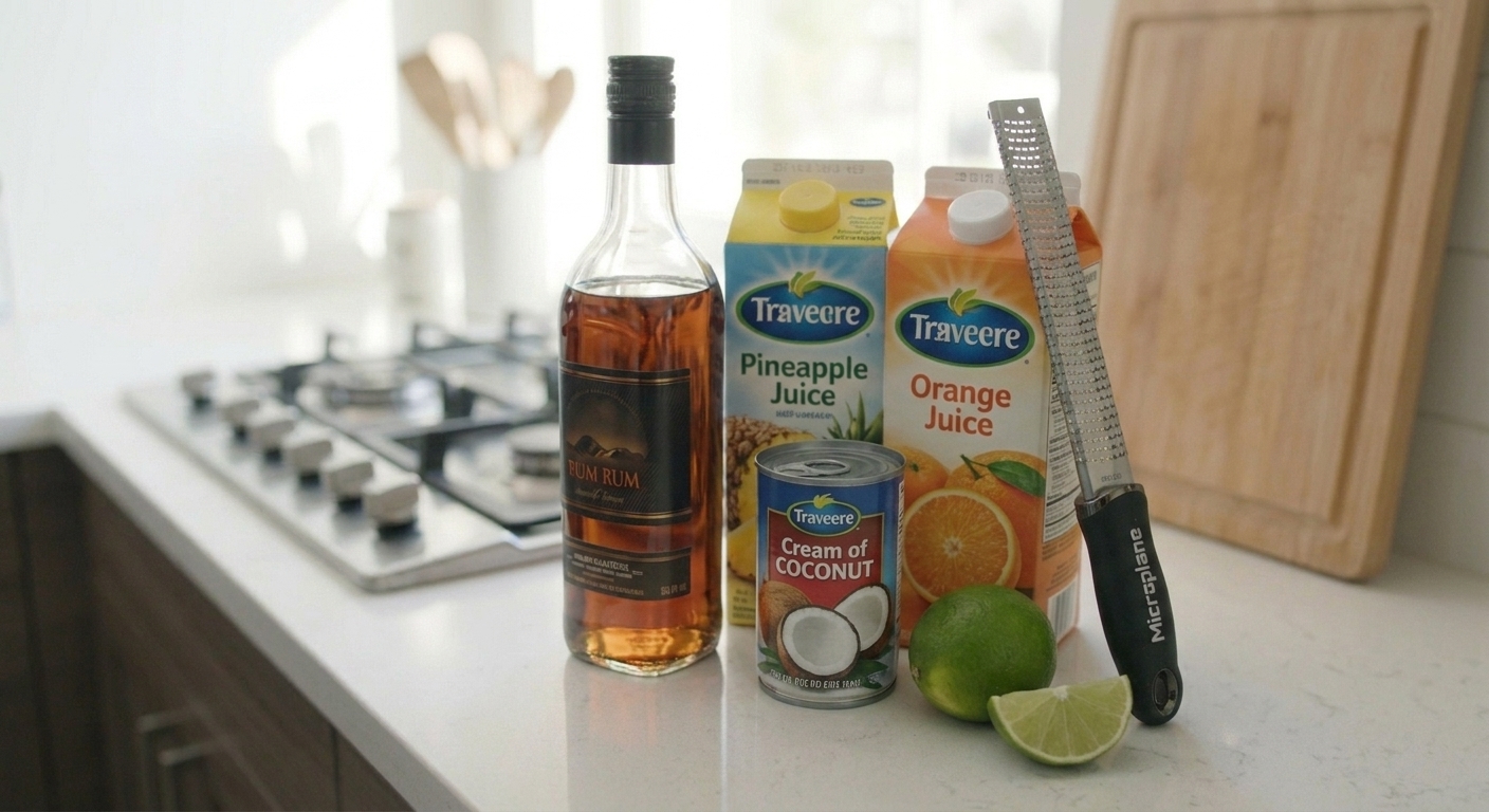 Bottles and cartons of dark rum, pineapple juice, orange juice, and cream of coconut arranged with a microplane and limes on a bright kitchen counter