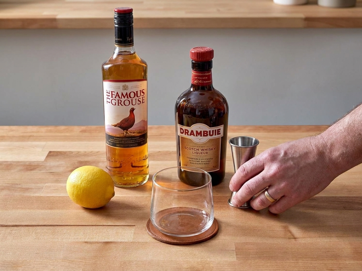 Bottles of Scotch whisky and Drambuie next to a lemon, a jigger, and a rocks glass on a clean kitchen counter under soft natural light